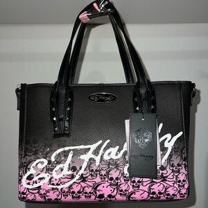 Ed Hardy Black and Pink Skull Medium Tote Bag